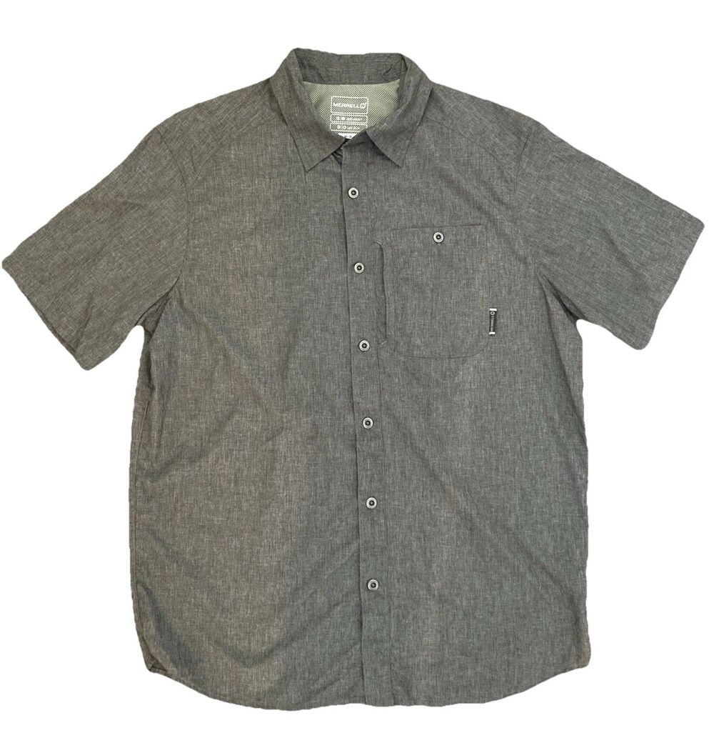 Merrell Mens M Gray Opti-Wick UPF 30+ Hiking Short Sleeve Button Down Shirt EUC
